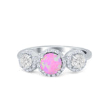 Halo Three Stone Wedding Ring Round Simulated Cubic Zirconia 925 Sterling Silver