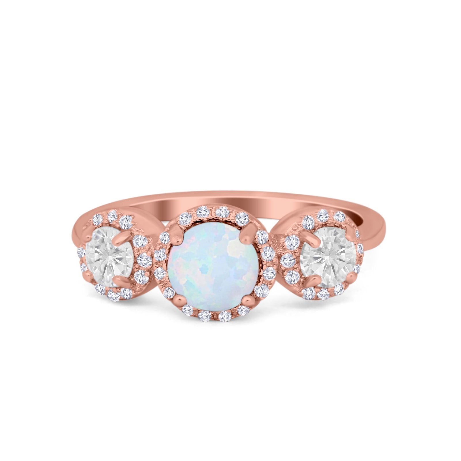 Halo Three Stone Wedding Ring Round Simulated Cubic Zirconia 925 Sterling Silver