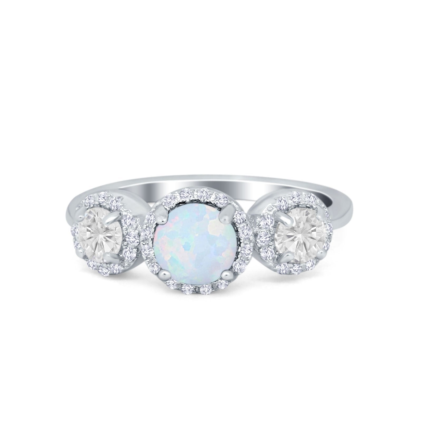 Halo Three Stone Wedding Ring Round Simulated Cubic Zirconia 925 Sterling Silver