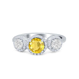 Halo Three Stone Wedding Ring Round Simulated Cubic Zirconia 925 Sterling Silver