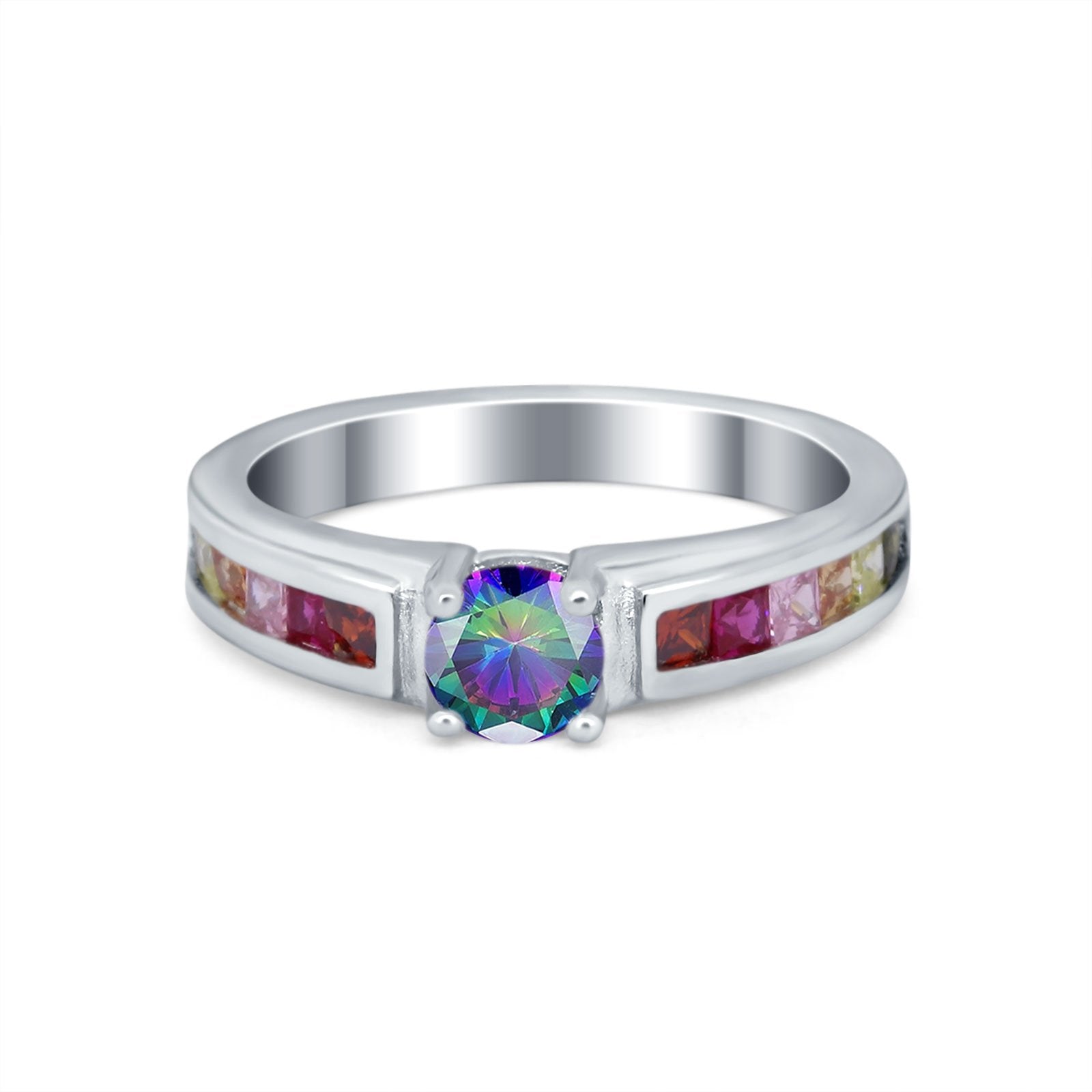 Soliaire Accent Multicolored Simulated Cubic Zirconia Ring 925 Sterling Silver