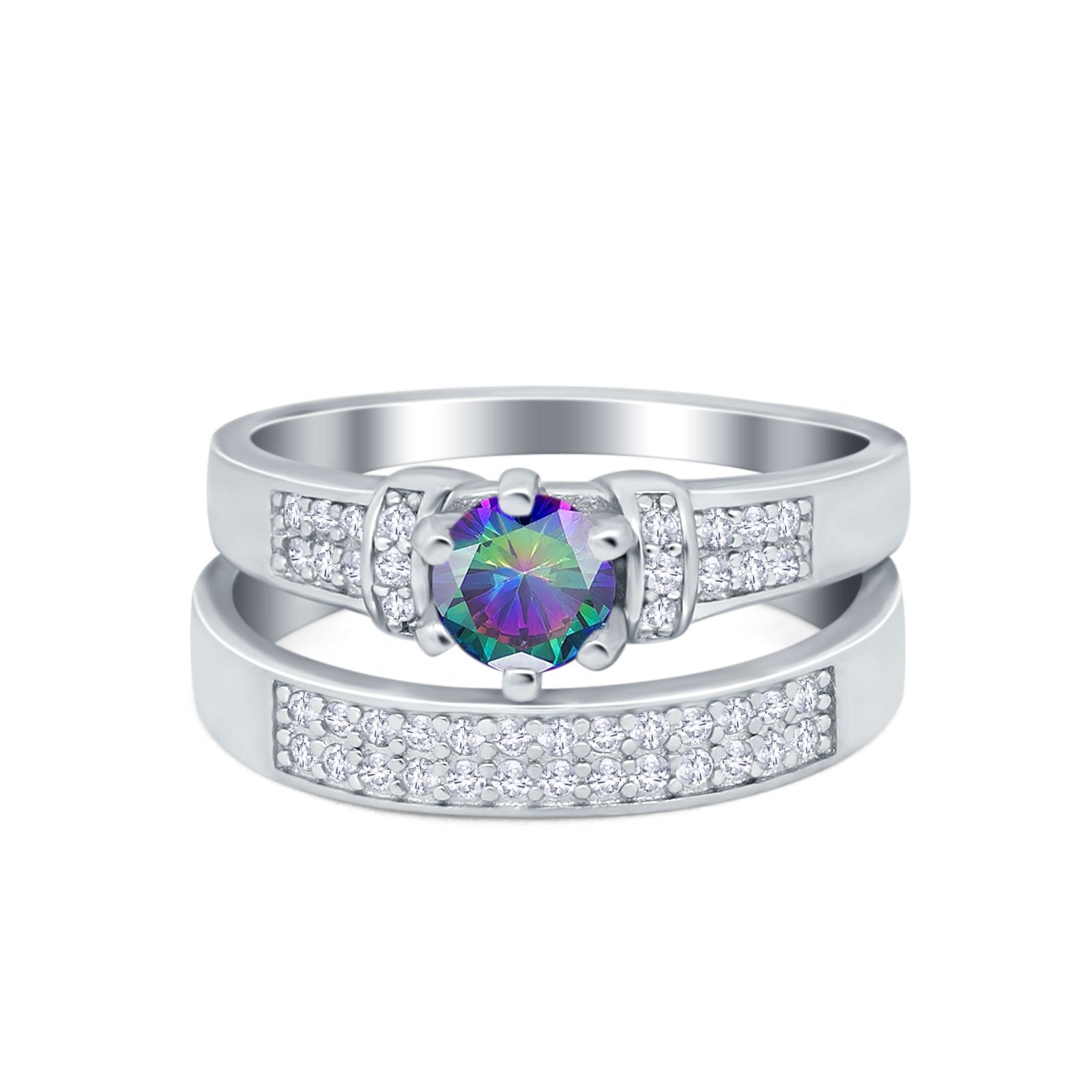 Two Piece Bridal Set Wedding Simulated Cubic Zirconia Ring 925 Sterling Silver