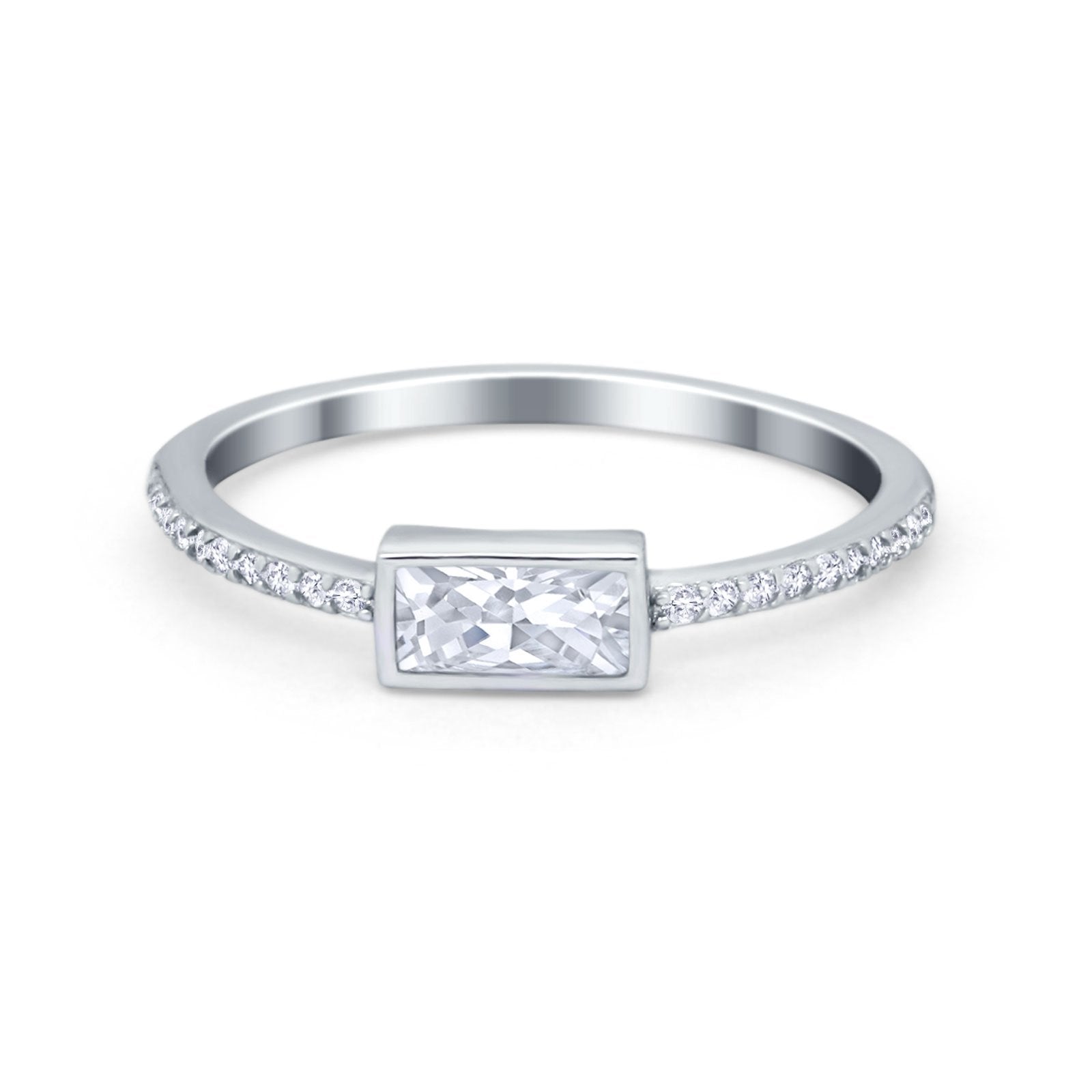 Accent Ring Emerald Cut Round Simulated Cubic Zirconia 925 Sterling Silver