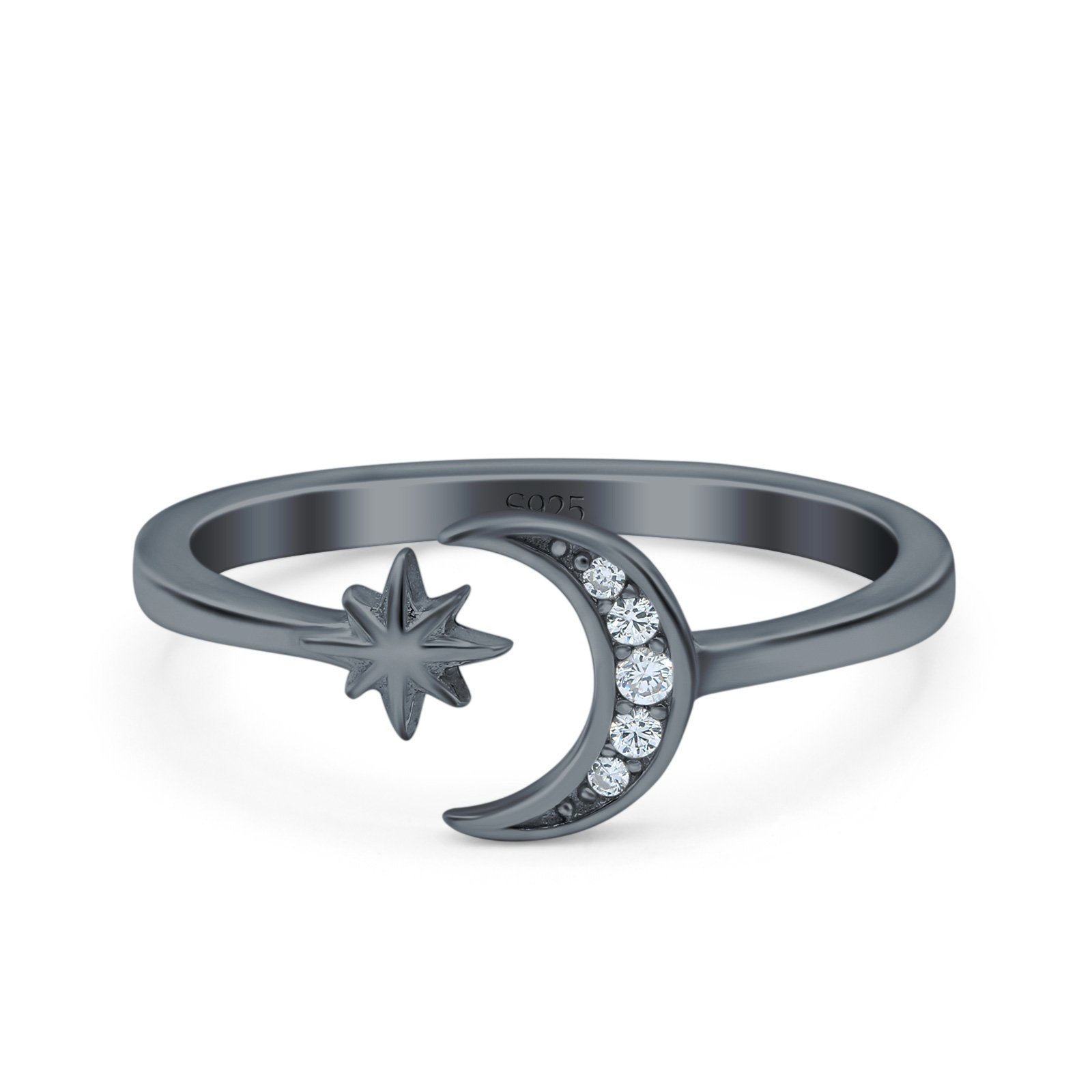 Moon & Star Wedding Band Ring Round Simulated Cubic Zirconia 925 Sterling Silver