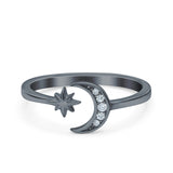 Moon & Star Wedding Band Ring Round Simulated Cubic Zirconia 925 Sterling Silver