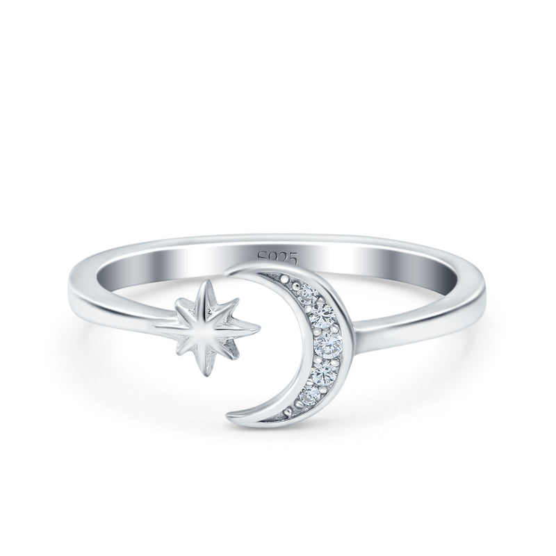 Moon & Star Wedding Band Ring Round Simulated Cubic Zirconia 925 Sterling Silver