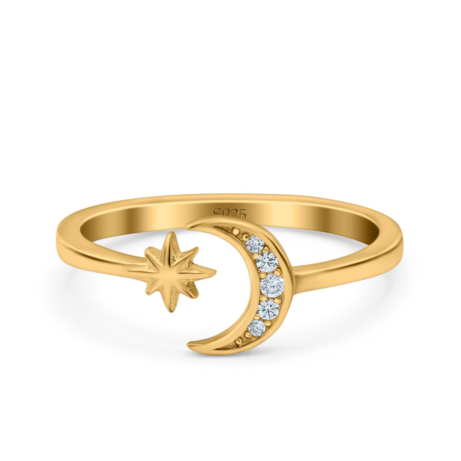 Moon & Star Wedding Band Ring Round Simulated Cubic Zirconia 925 Sterling Silver