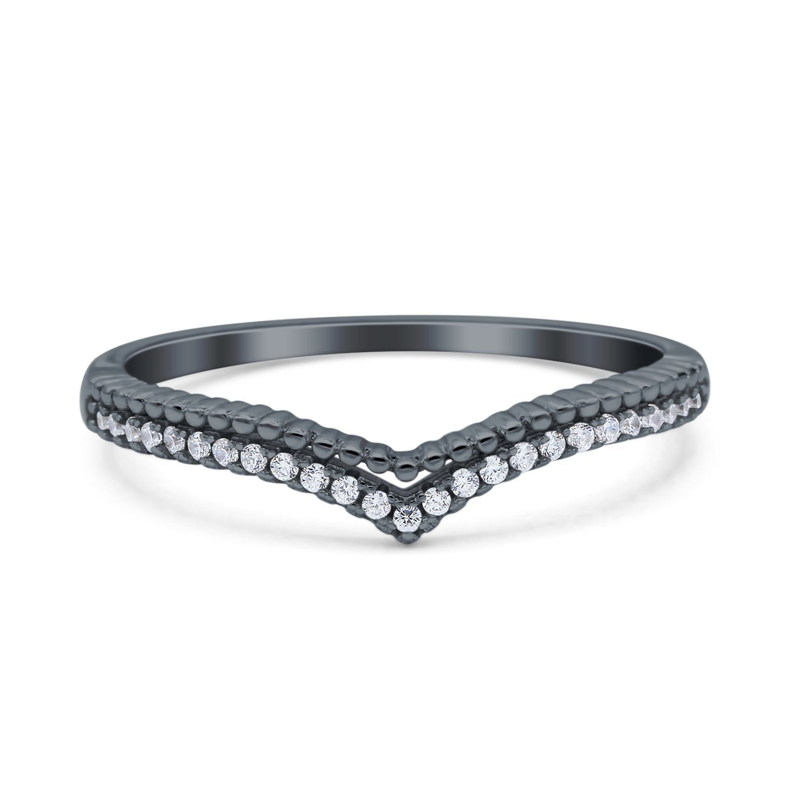 Art Deco Half Eternity Stackable Curved V Chevron Midi Band Wedding Engagement Ring Simulated Cubic Zirconia 925 Sterling Silver