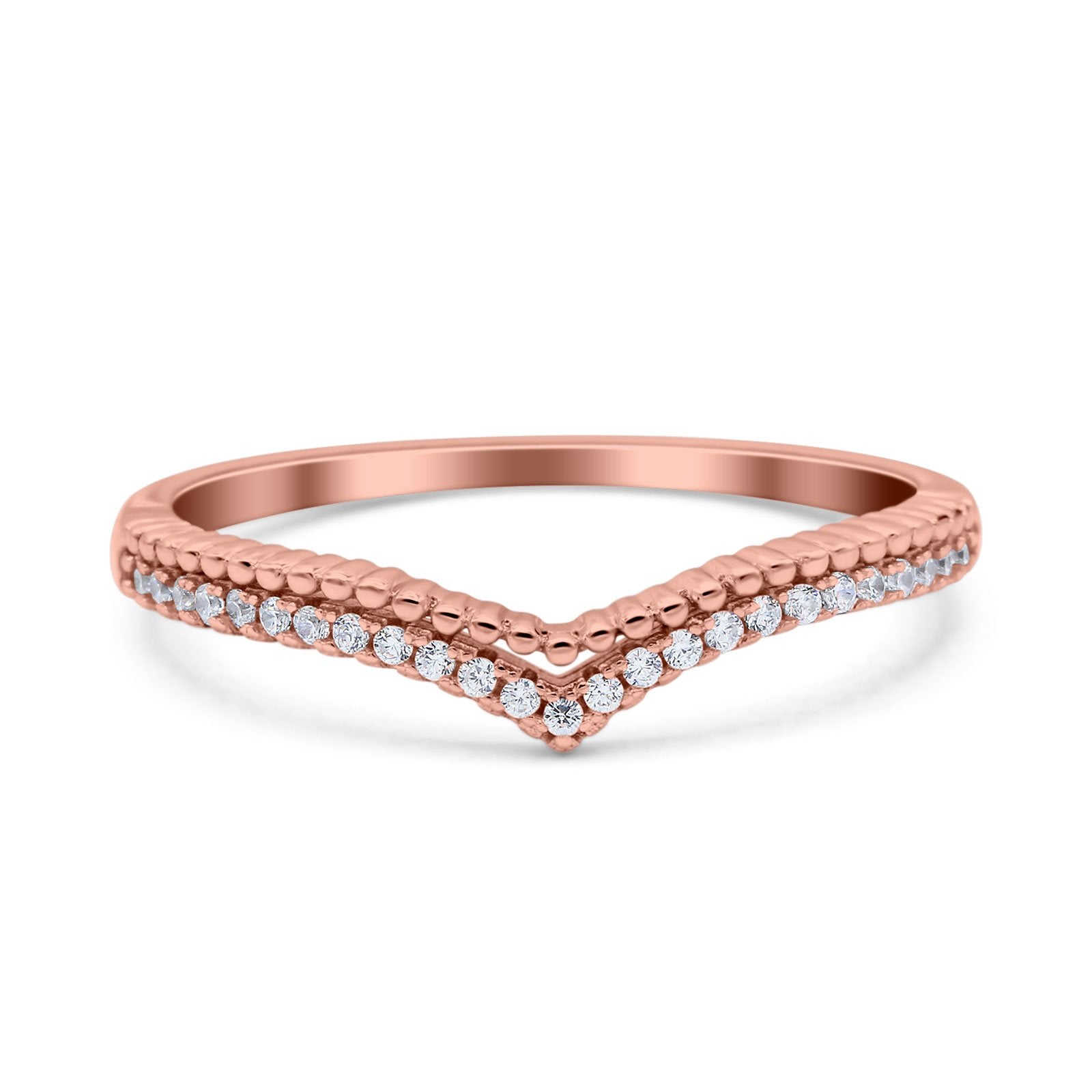 Art Deco Half Eternity Stackable Curved V Chevron Midi Band Wedding Engagement Ring Simulated Cubic Zirconia 925 Sterling Silver