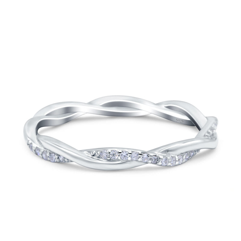 Full Eternity Crisscross Band Wedding Ring Round Simulated Cubic Zirconia 925 Sterling Silver (2.5mm)