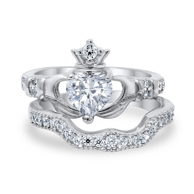 Wedding Bridal Piece Ring Heart Simulated Cubic Zirconia 925 Sterling Silver