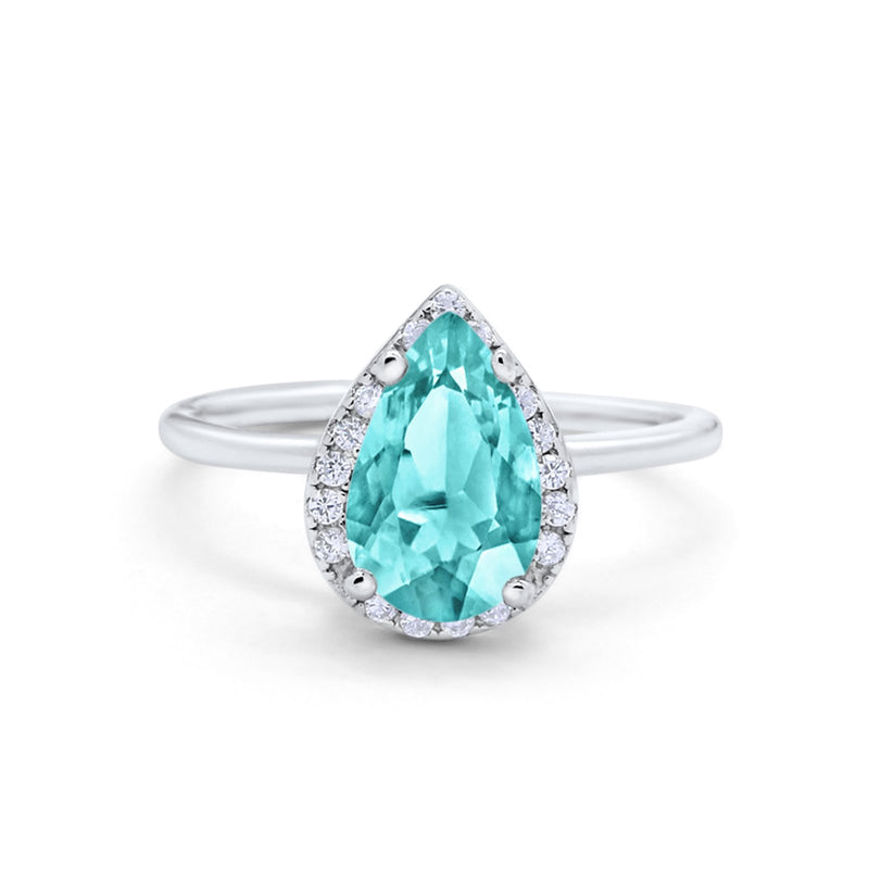 Halo Teardrop Pear Engagement Ring Simulated Cubic Zirconia 925 Sterling Silver