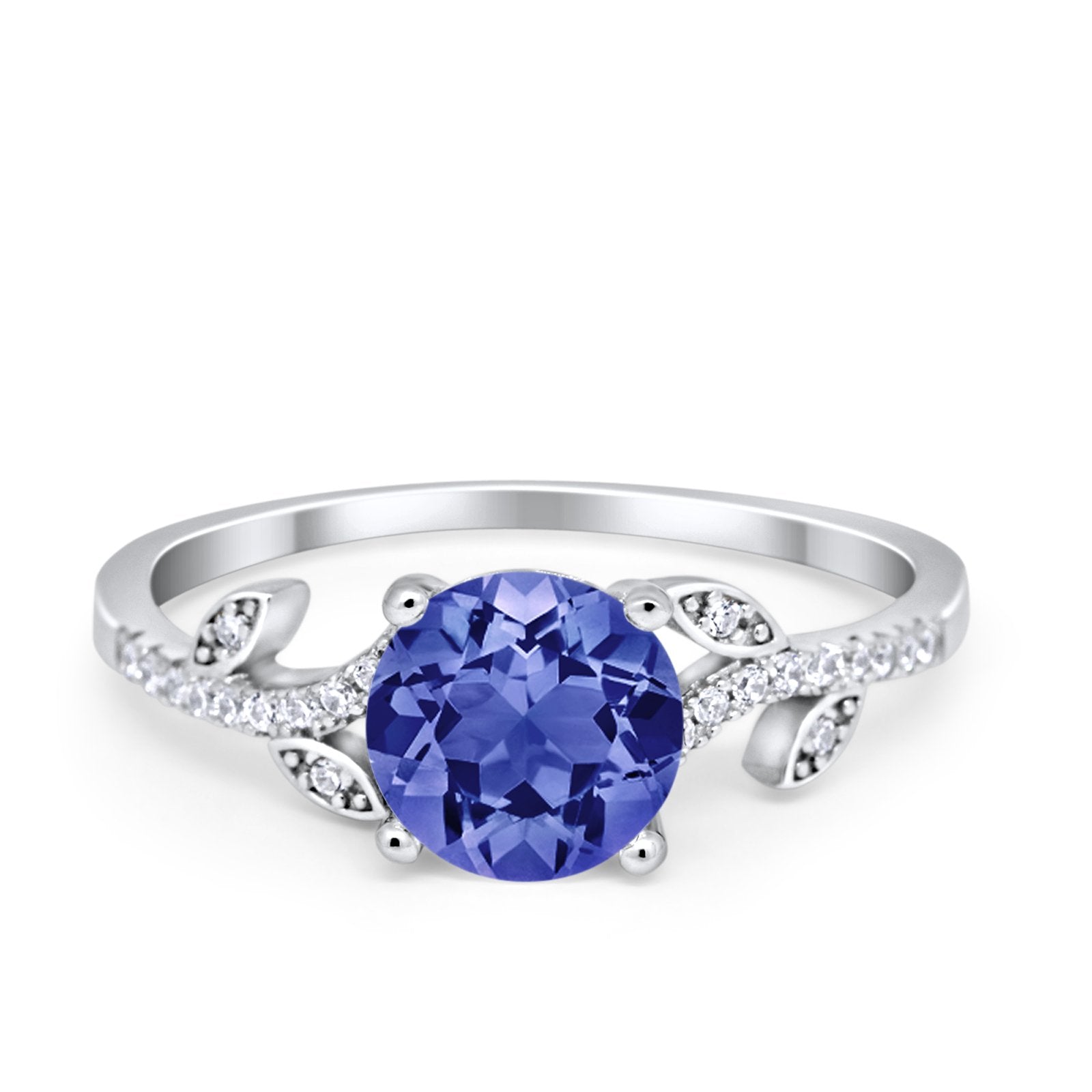 Leaf Style Wedding Ring Round Simulated Cubic Zirconia 925 Sterling Silver