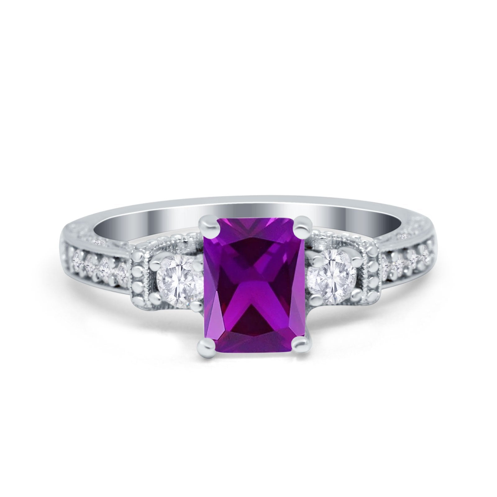 Three Stone Engagement Ring Radiant Simulated Cubic Zirconia 925 Sterling Silver