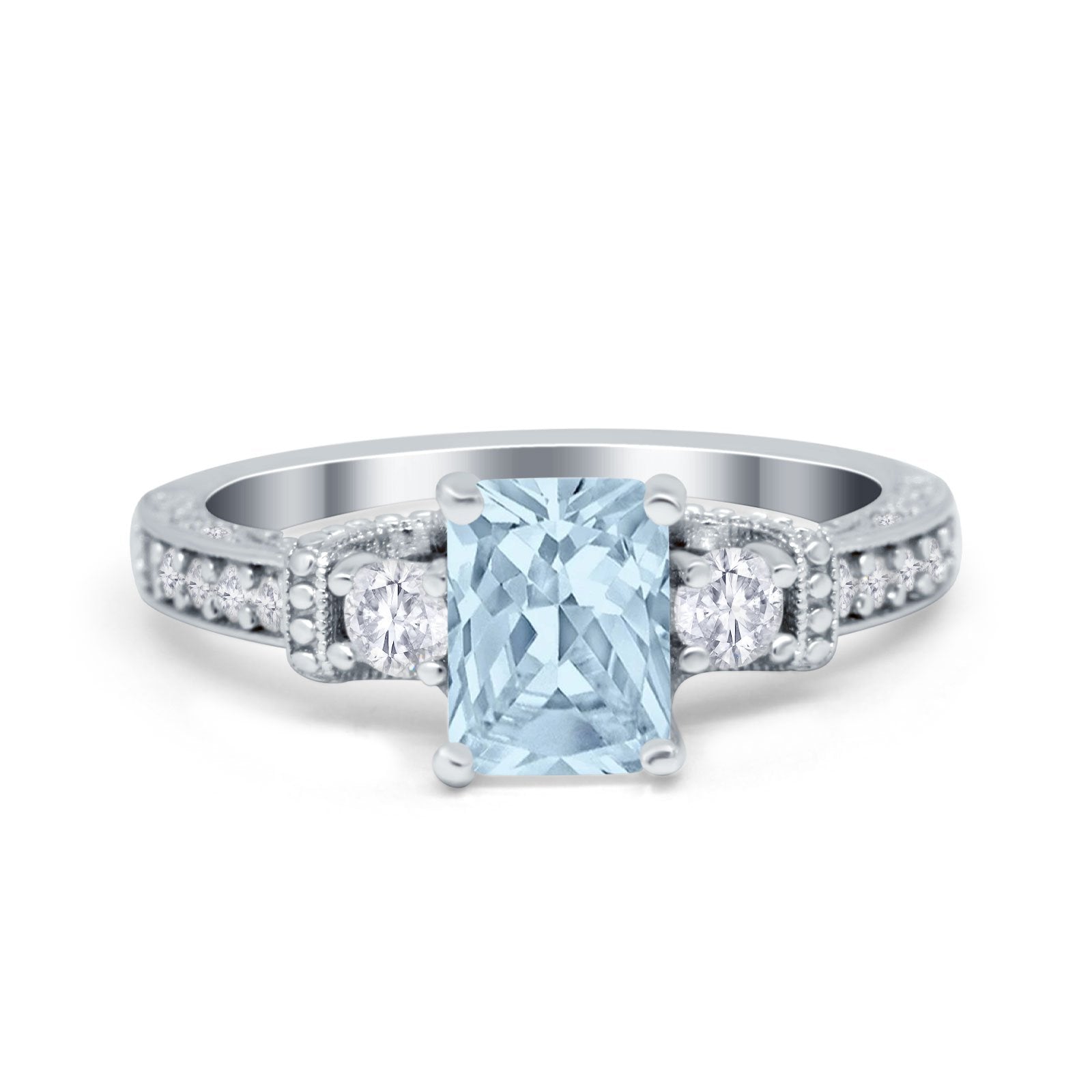 Three Stone Engagement Ring Radiant Simulated Cubic Zirconia 925 Sterling Silver