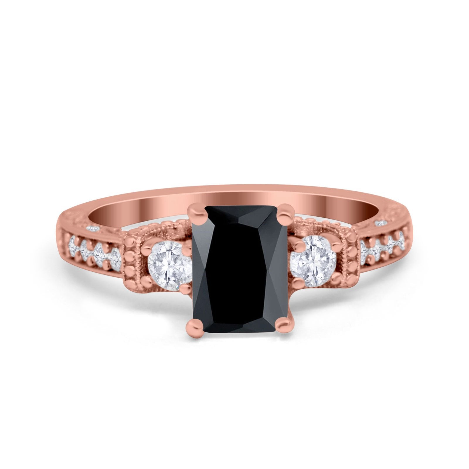 Three Stone Engagement Ring Radiant Simulated Cubic Zirconia 925 Sterling Silver