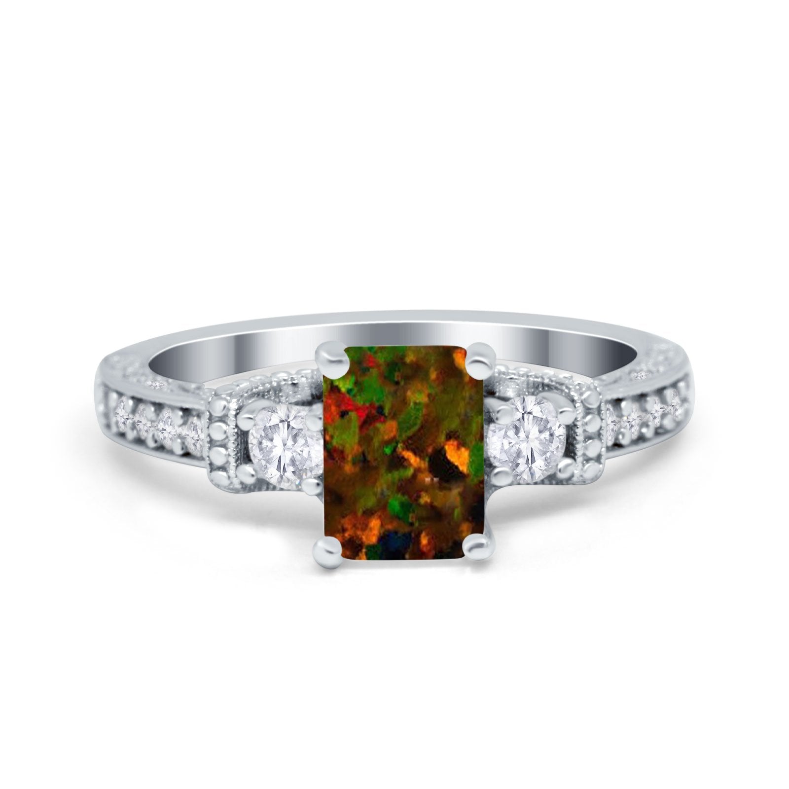 Three Stone Engagement Ring Radiant Simulated Cubic Zirconia 925 Sterling Silver