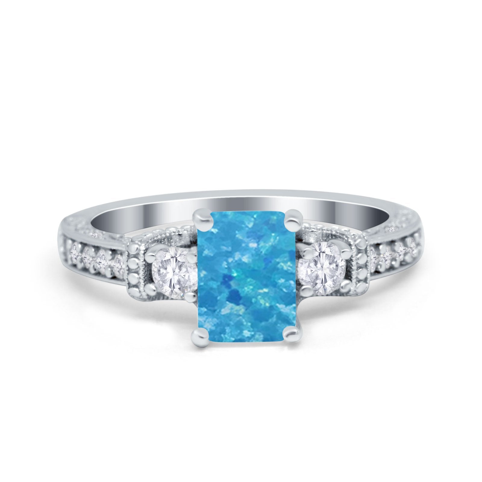 Three Stone Engagement Ring Radiant Simulated Cubic Zirconia 925 Sterling Silver