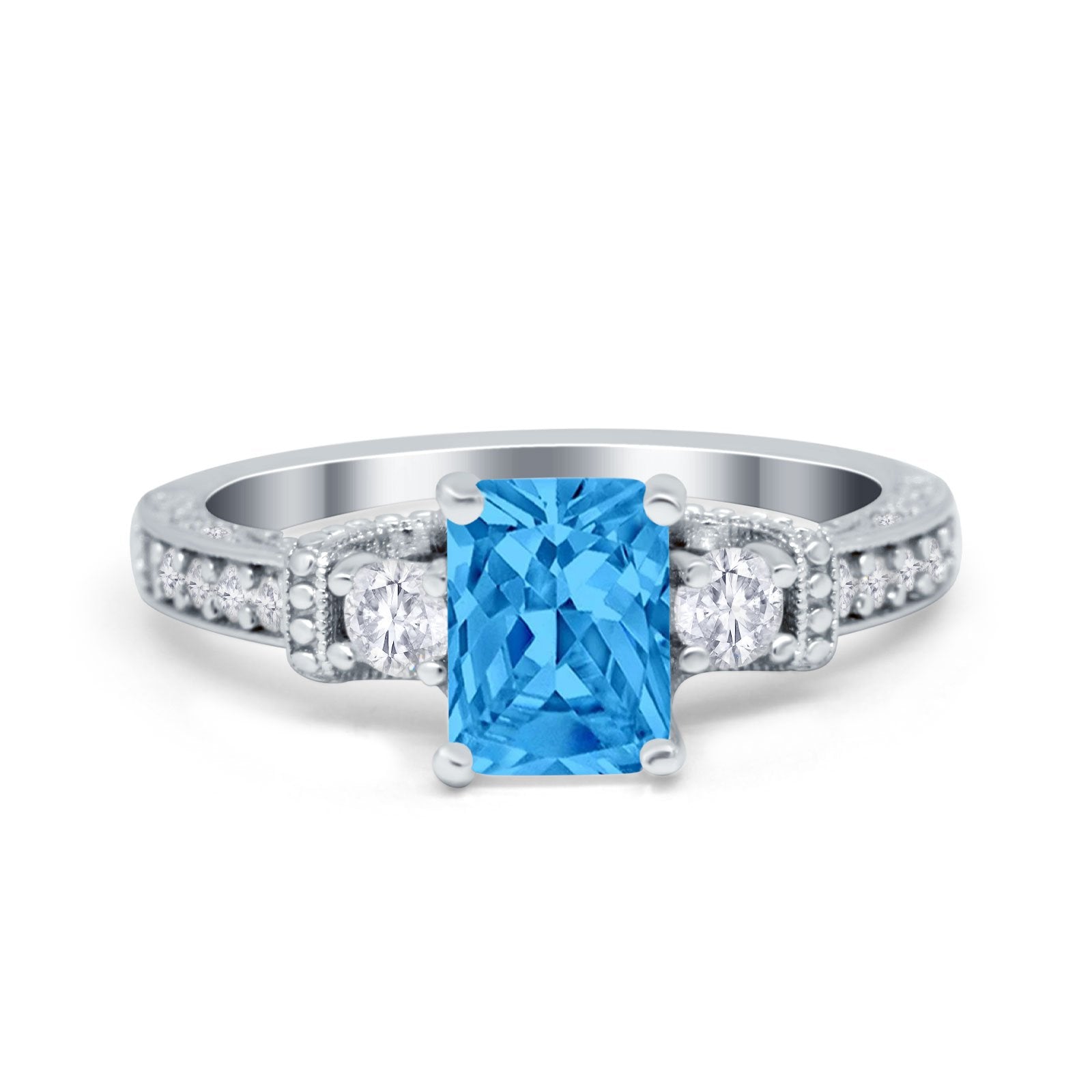 Three Stone Engagement Ring Radiant Simulated Cubic Zirconia 925 Sterling Silver