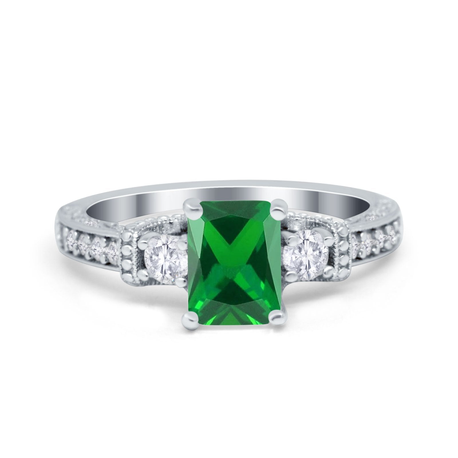 Three Stone Engagement Ring Radiant Simulated Cubic Zirconia 925 Sterling Silver