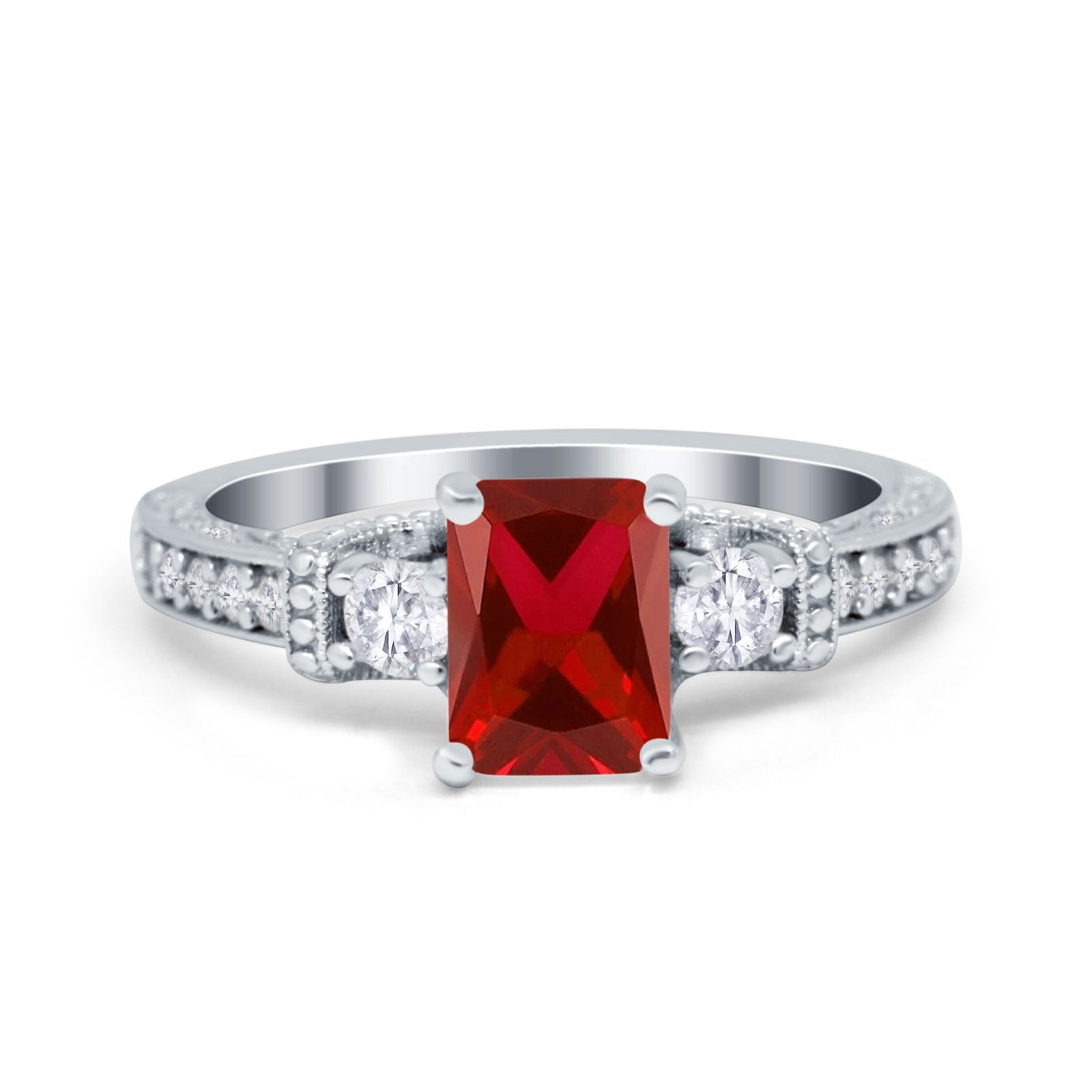 Three Stone Engagement Ring Radiant Simulated Cubic Zirconia 925 Sterling Silver