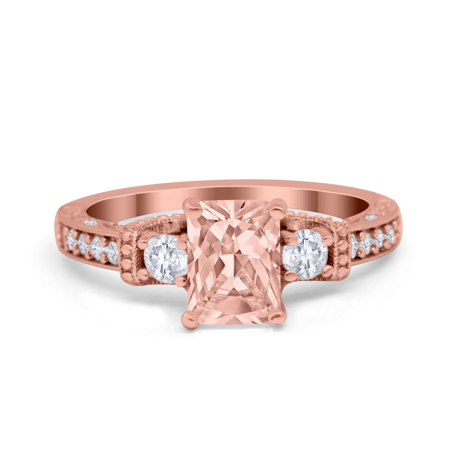 Three Stone Engagement Ring Radiant Simulated Cubic Zirconia 925 Sterling Silver