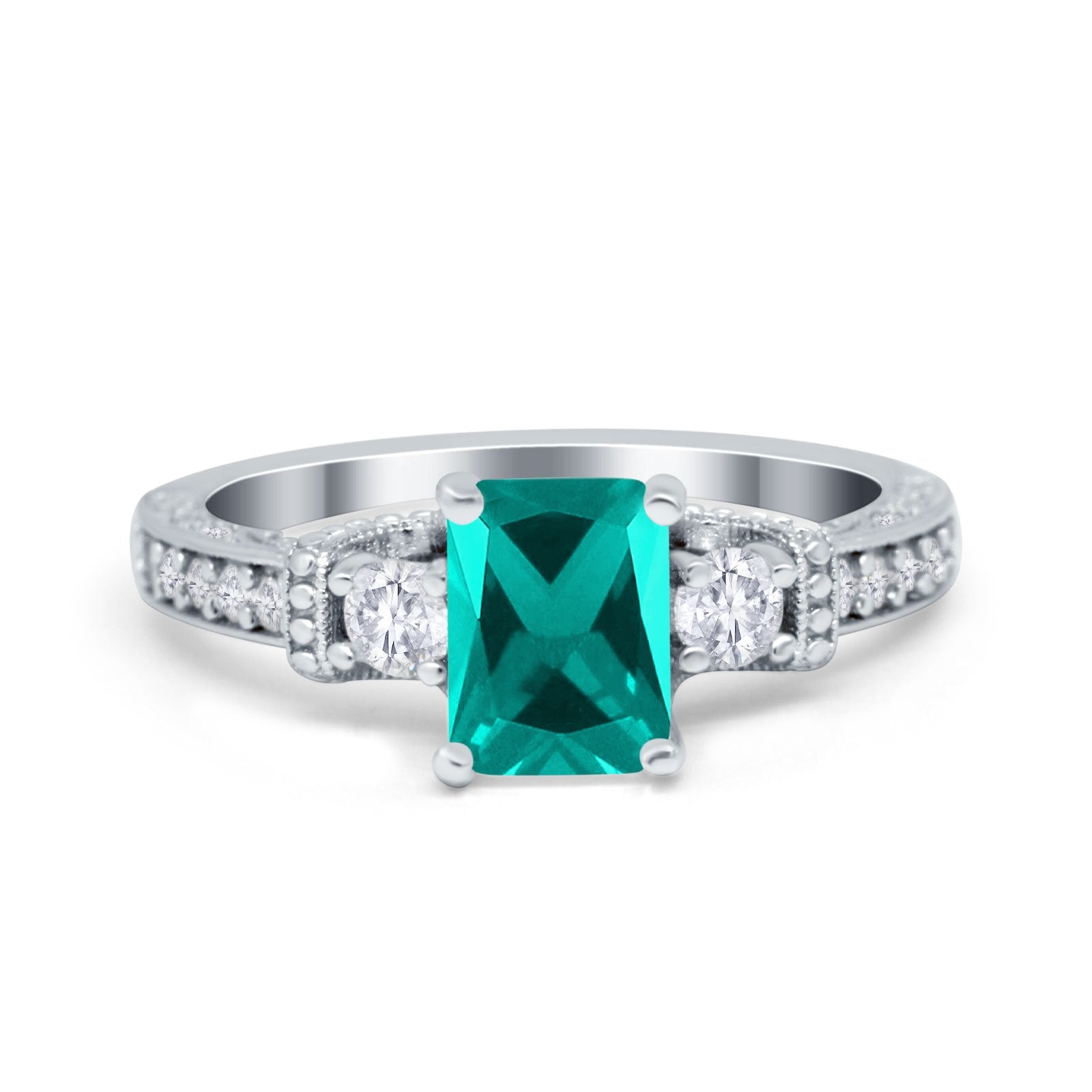 Three Stone Engagement Ring Radiant Simulated Cubic Zirconia 925 Sterling Silver