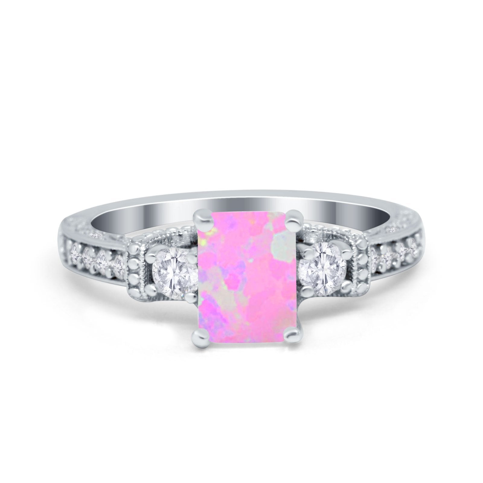 Three Stone Engagement Ring Radiant Simulated Cubic Zirconia 925 Sterling Silver