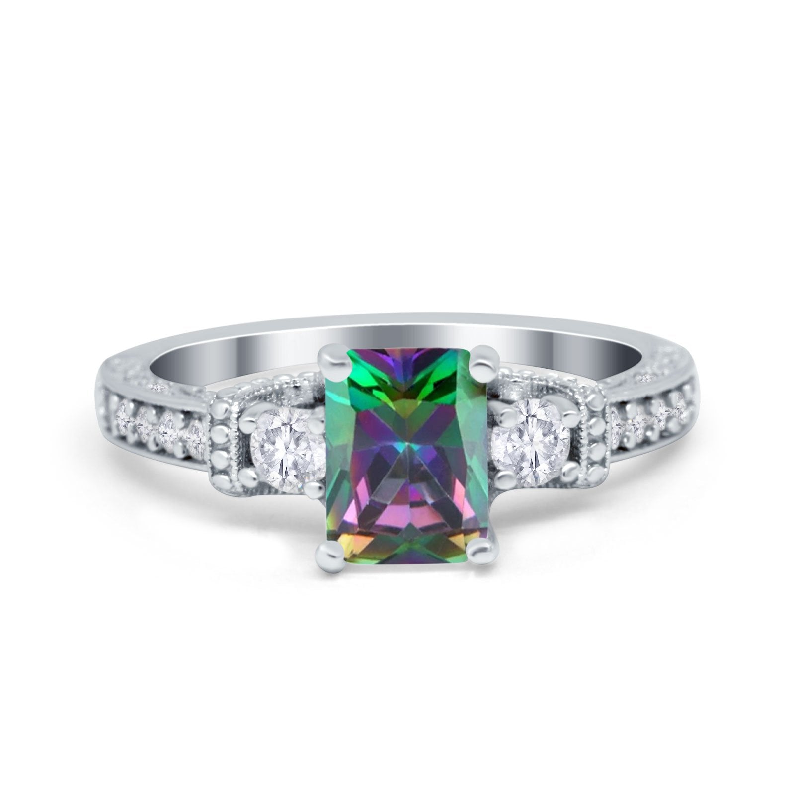 Three Stone Engagement Ring Radiant Simulated Cubic Zirconia 925 Sterling Silver