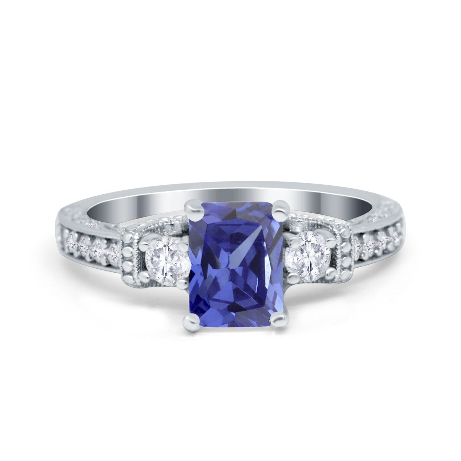 Three Stone Engagement Ring Radiant Simulated Cubic Zirconia 925 Sterling Silver