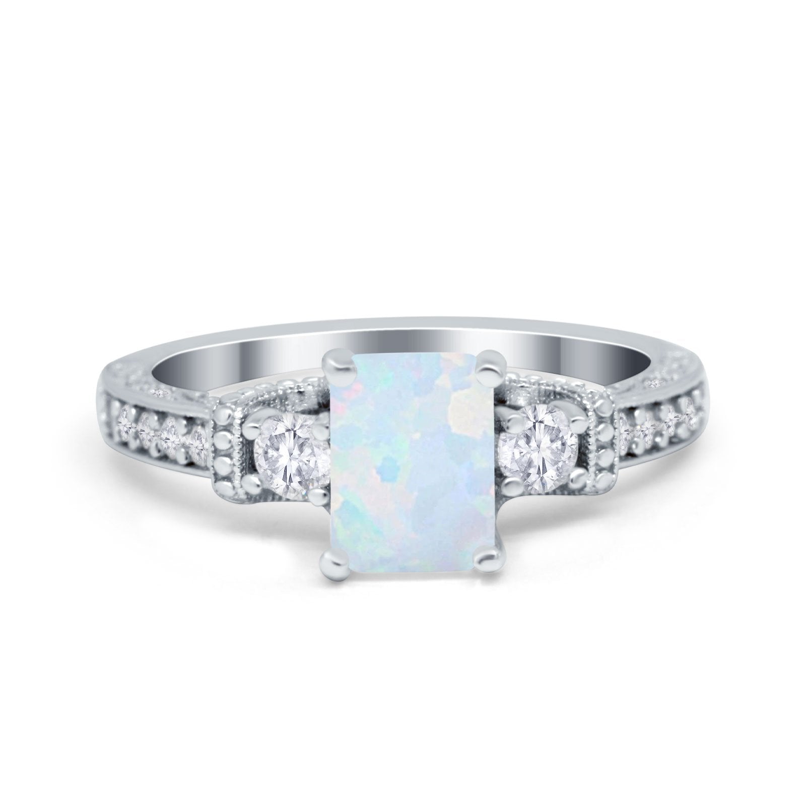 Three Stone Engagement Ring Radiant Simulated Cubic Zirconia 925 Sterling Silver