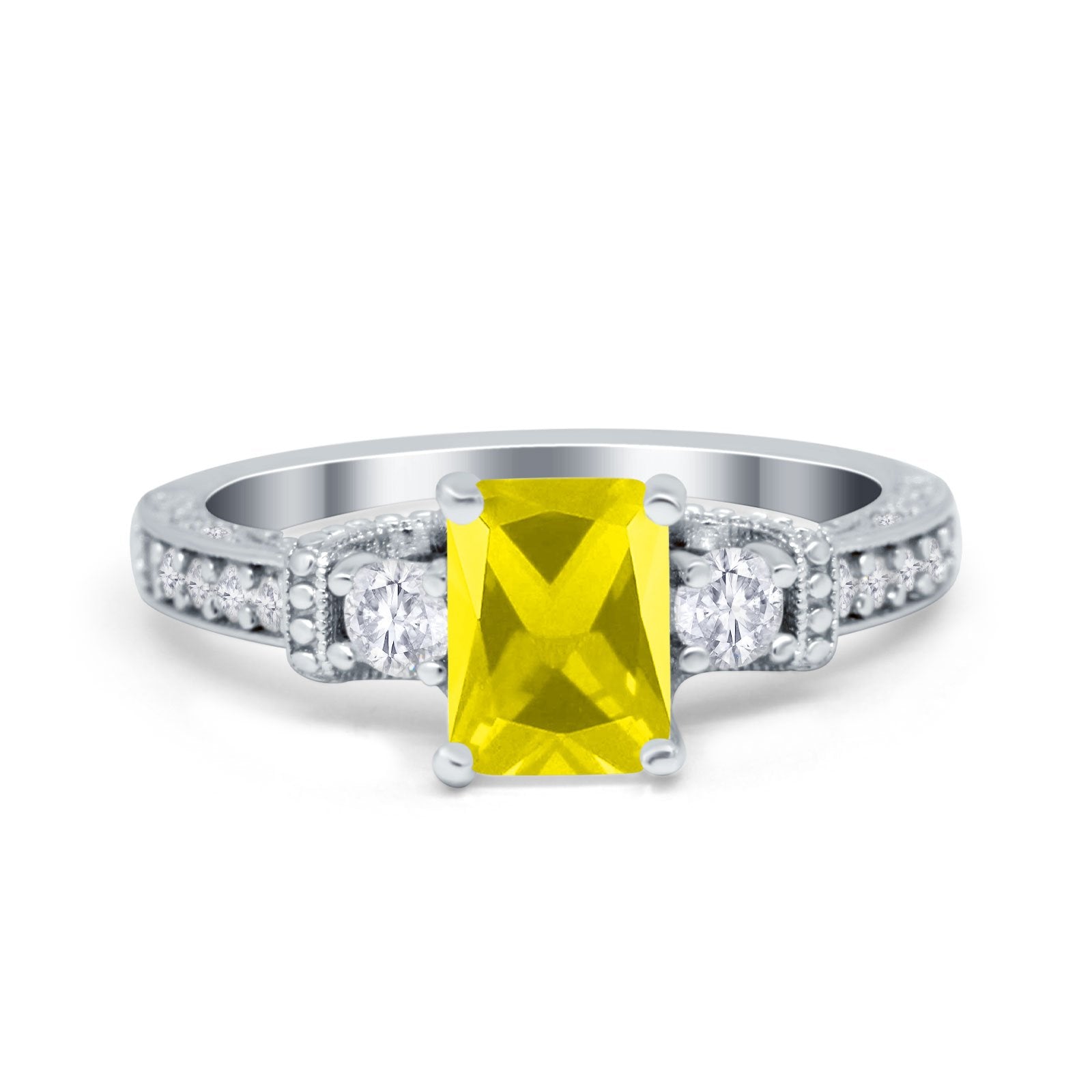 Three Stone Engagement Ring Radiant Simulated Cubic Zirconia 925 Sterling Silver