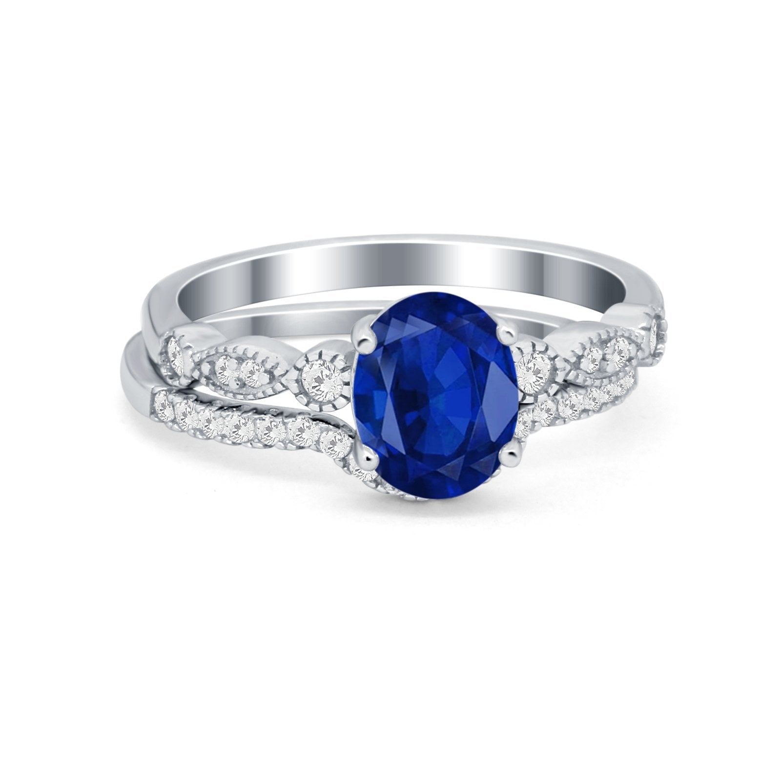 Two Piece Wedding Ring Band Round Simulated Cubic Zirconia 925 Sterling Silver
