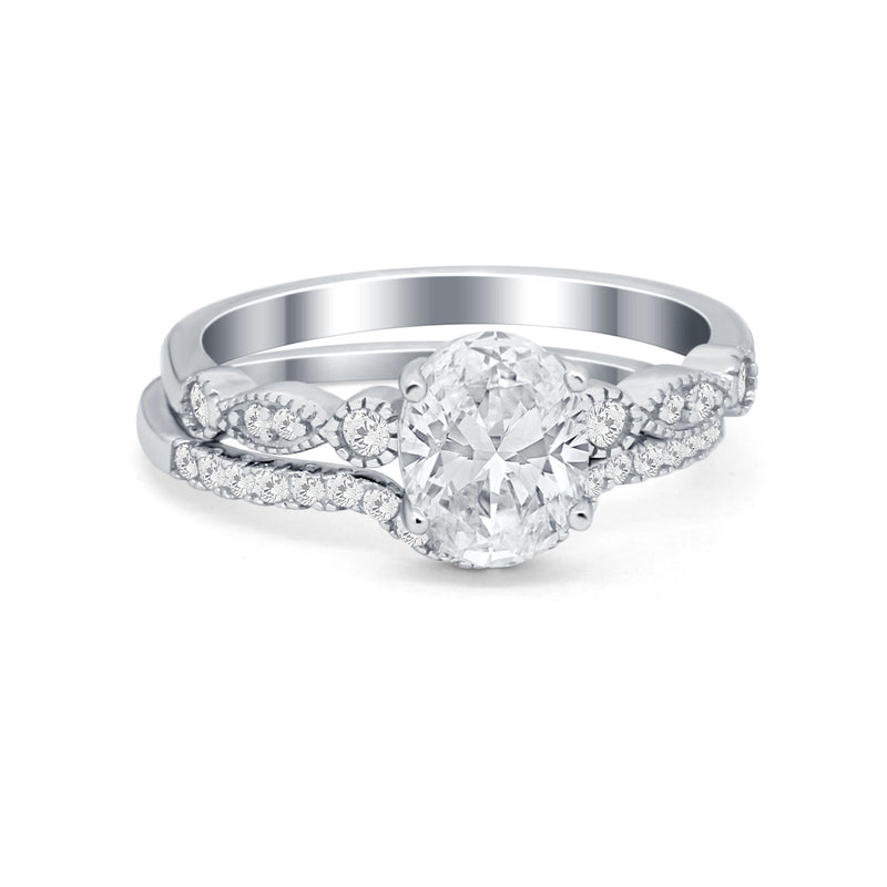 Two Piece Wedding Ring Band Round Simulated Cubic Zirconia 925 Sterling Silver