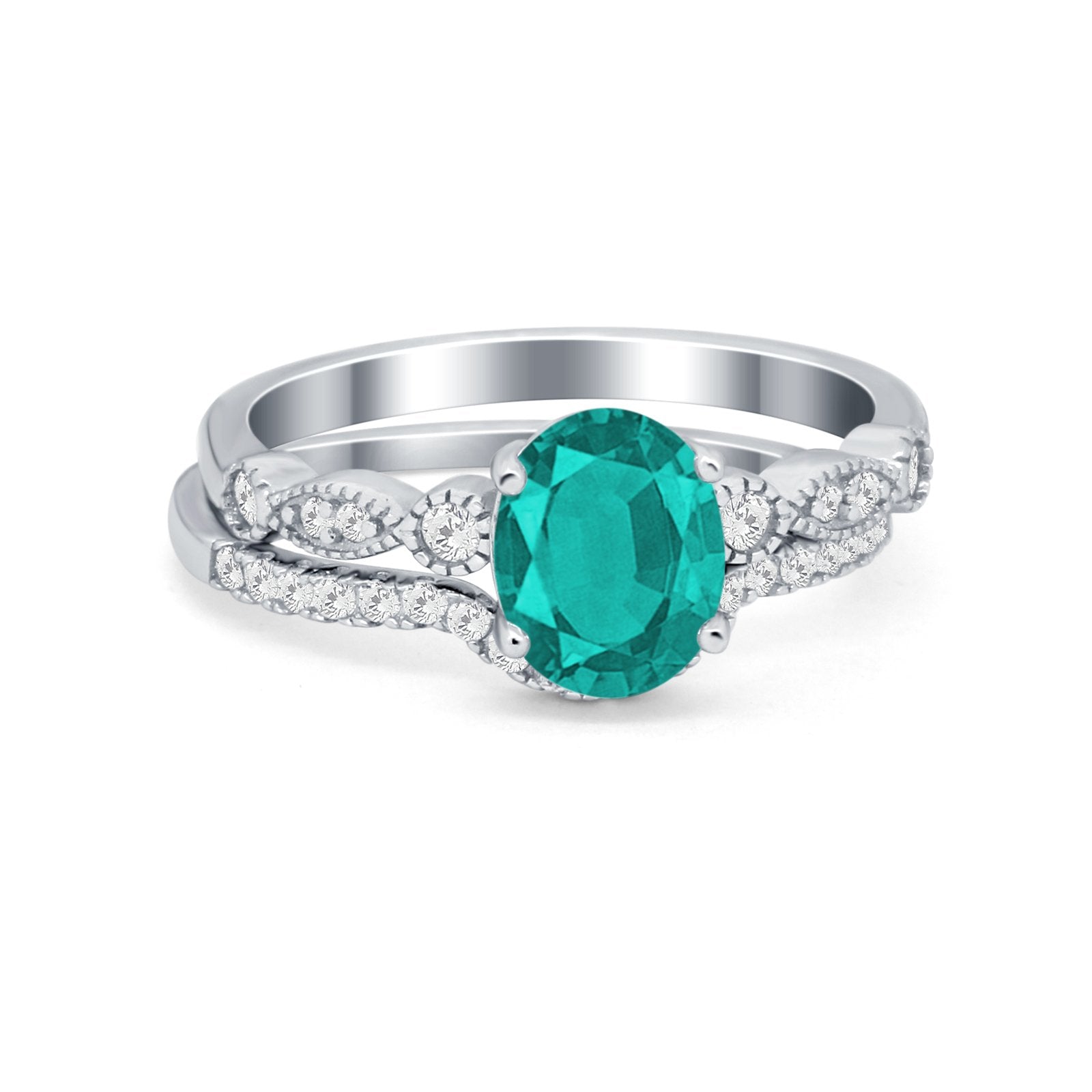 Two Piece Wedding Ring Band Round Simulated Cubic Zirconia 925 Sterling Silver