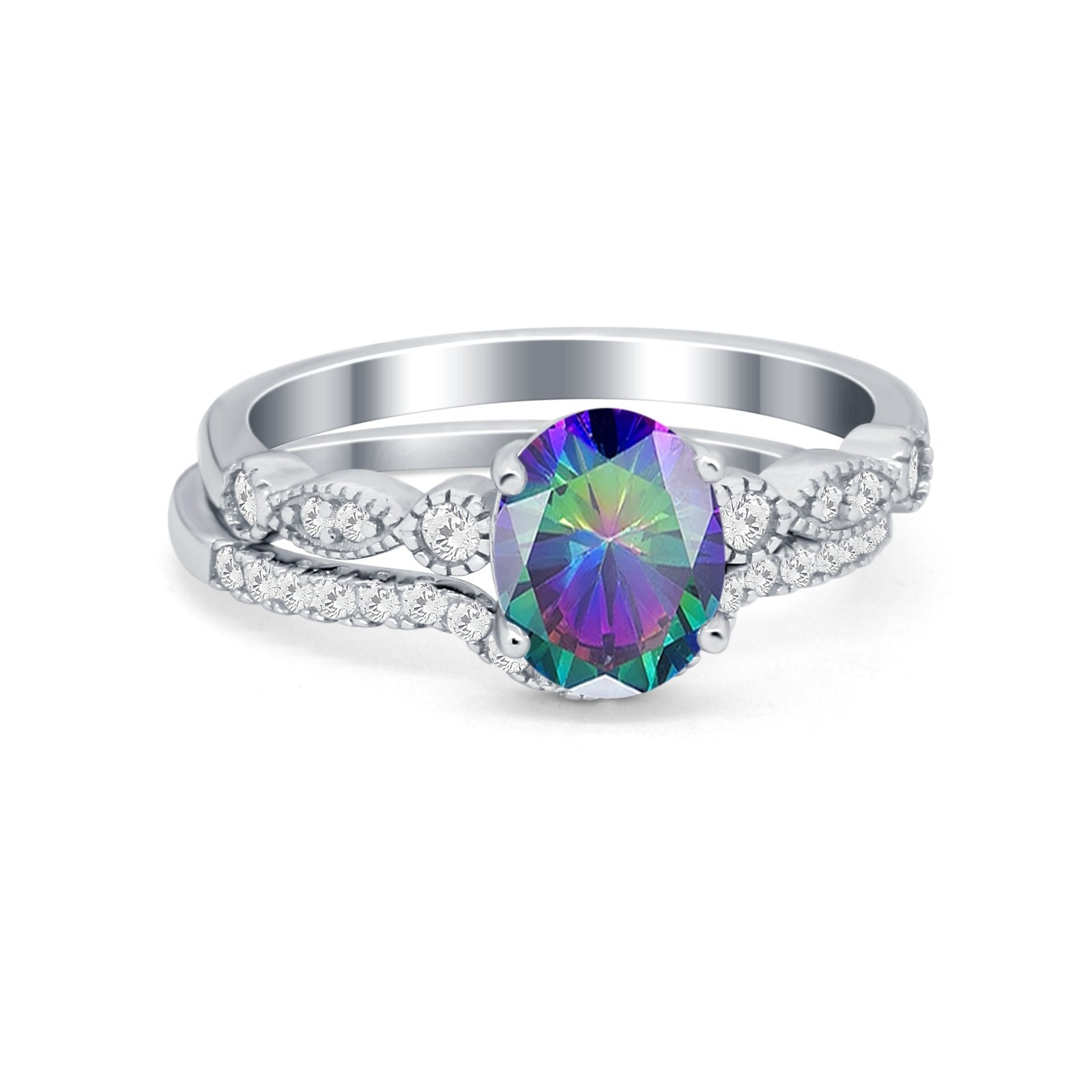 Two Piece Wedding Ring Band Round Simulated Cubic Zirconia 925 Sterling Silver