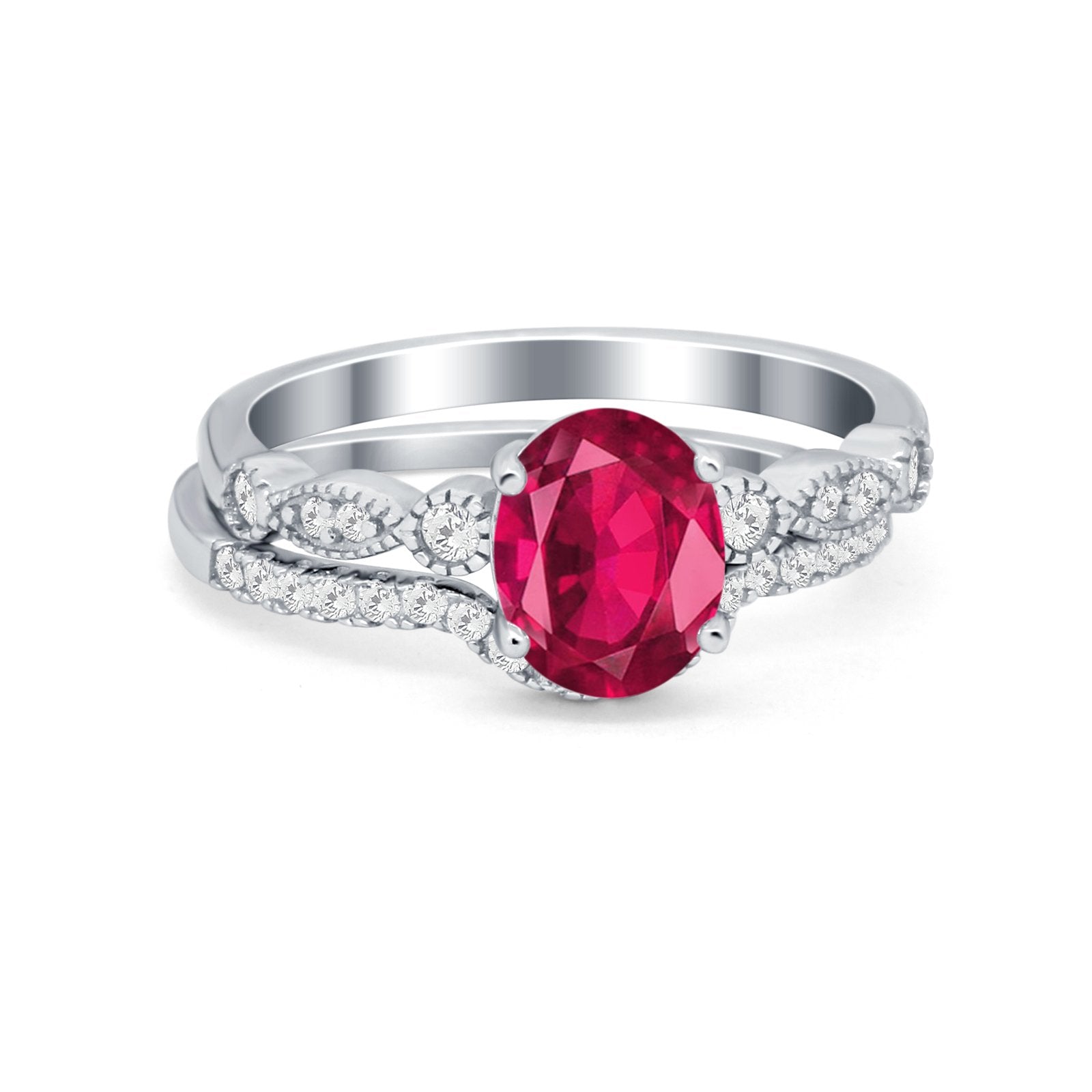 Two Piece Wedding Ring Band Round Simulated Cubic Zirconia 925 Sterling Silver
