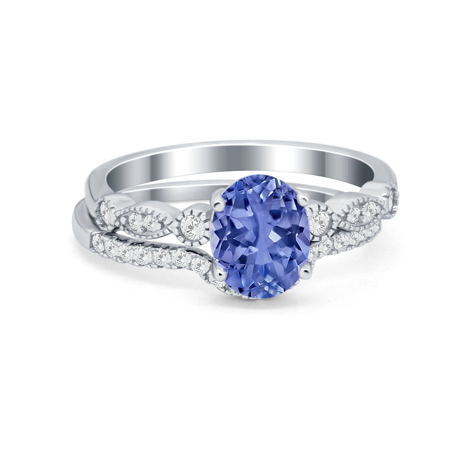 Two Piece Wedding Ring Band Round Simulated Cubic Zirconia 925 Sterling Silver