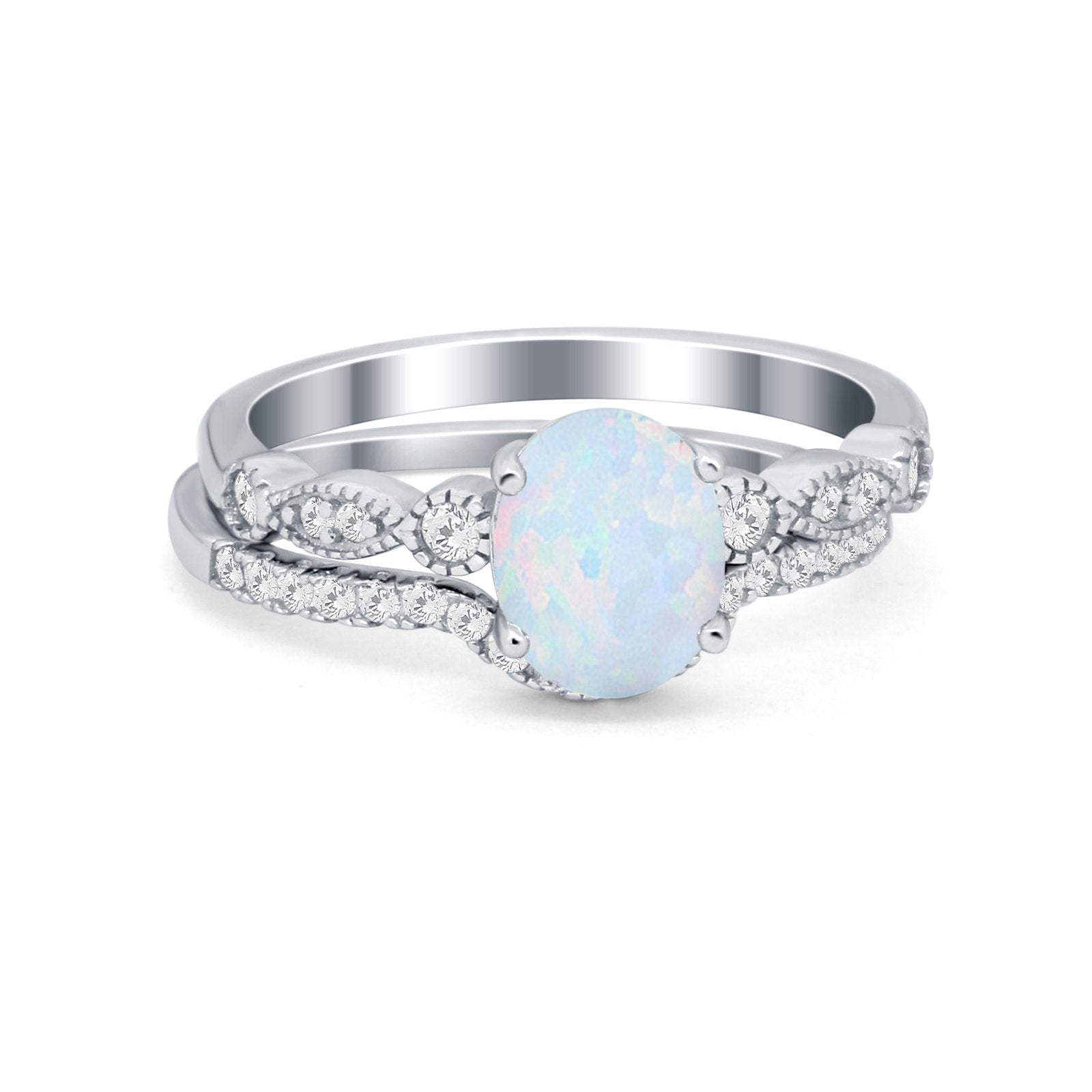 Two Piece Wedding Ring Band Round Simulated Cubic Zirconia 925 Sterling Silver