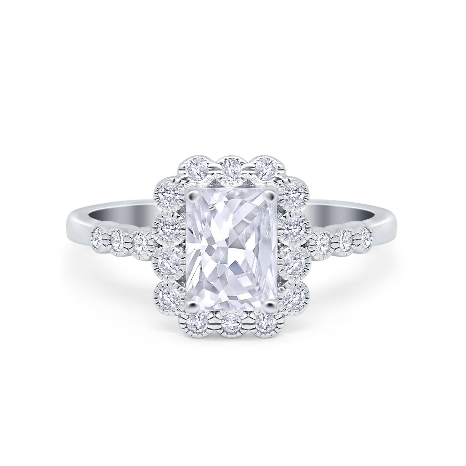 Halo Radiant Cut Wedding Ring Simulated Cubic Zirconia 925 Sterling Silver