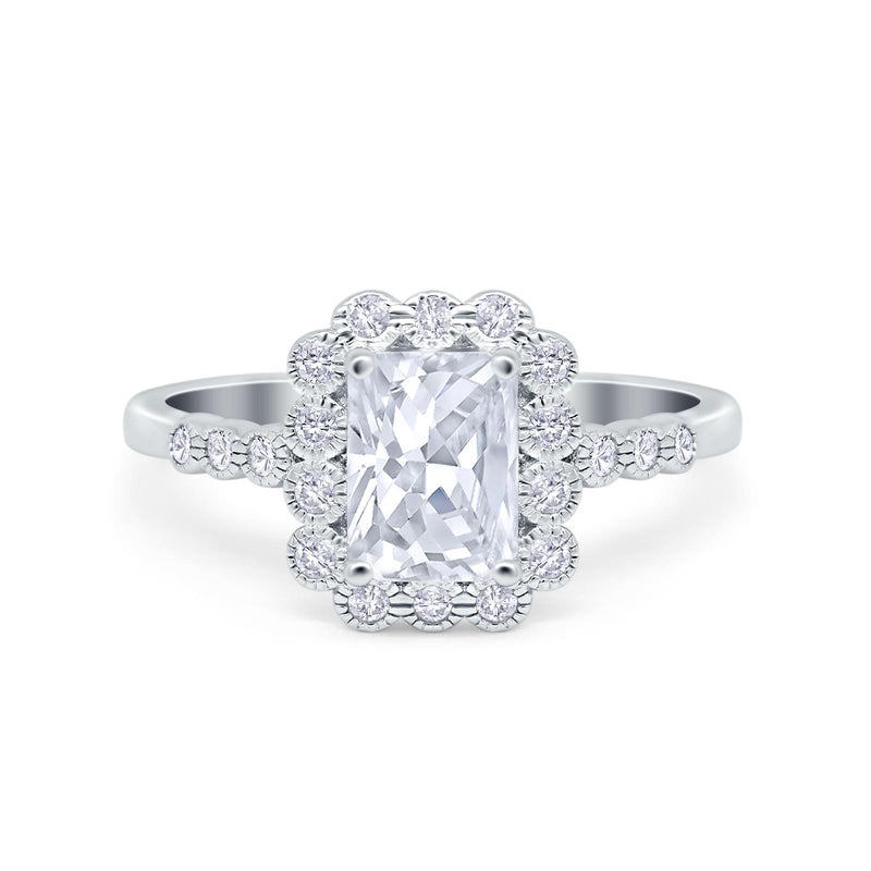 Halo Radiant Cut Wedding Ring Simulated Cubic Zirconia 925 Sterling Silver