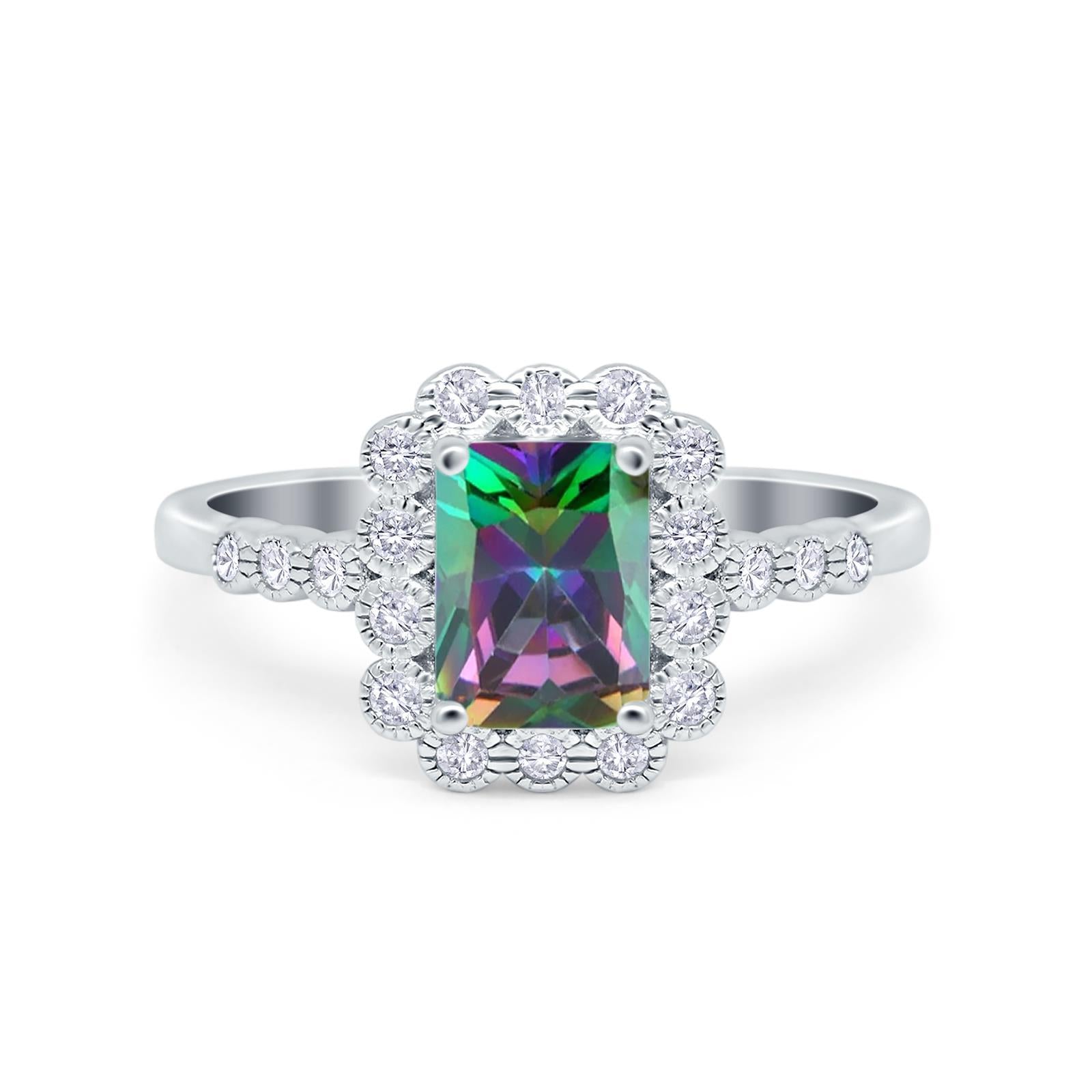 Halo Radiant Cut Wedding Ring Simulated Cubic Zirconia 925 Sterling Silver