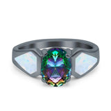 Three Stone Vintage Style Oval Art Deco Created White Opal Wedding Engagement Ring Simulated Cubic Zirconia 925 Sterling Silver