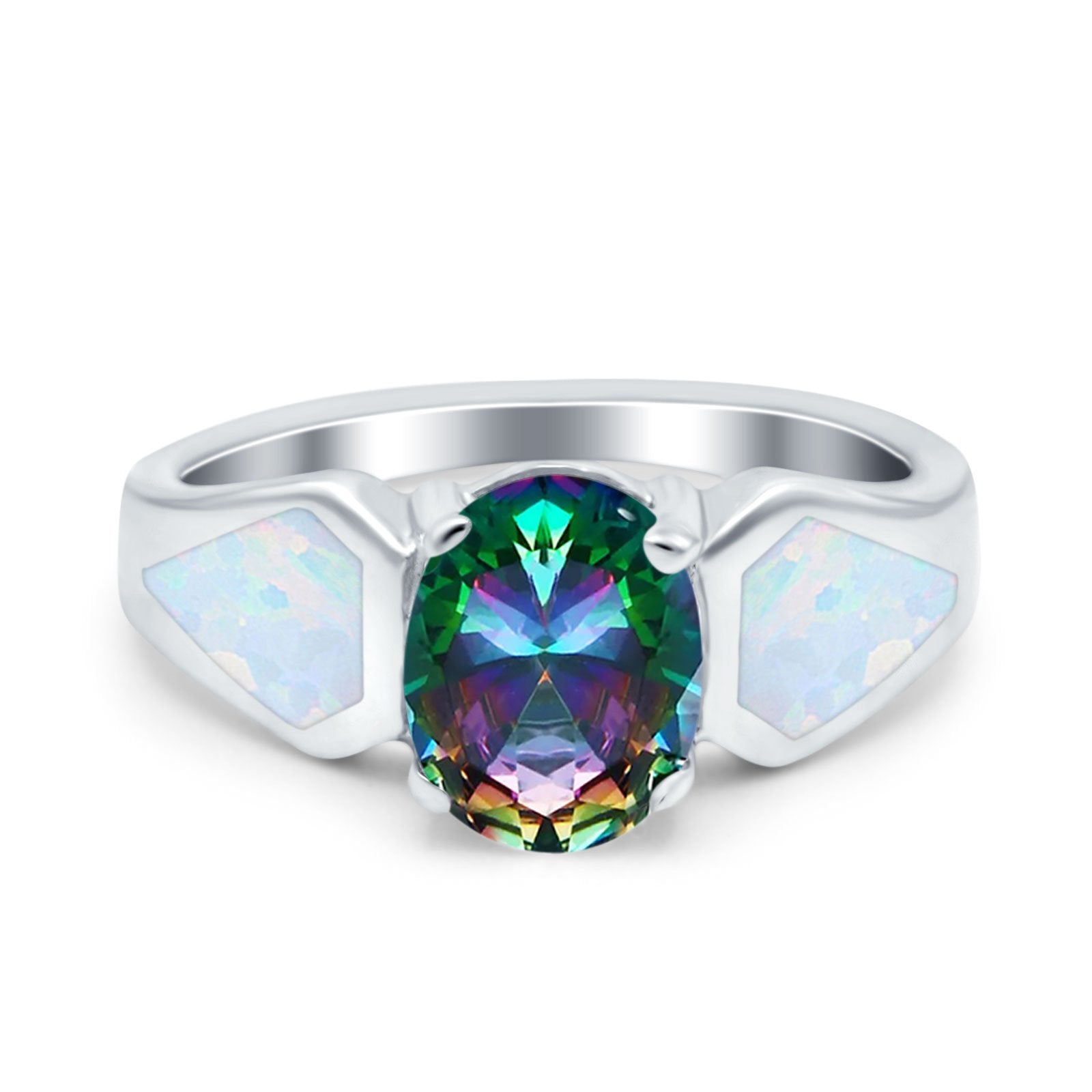 Three Stone Vintage Style Oval Art Deco Created White Opal Wedding Engagement Ring Simulated Cubic Zirconia 925 Sterling Silver