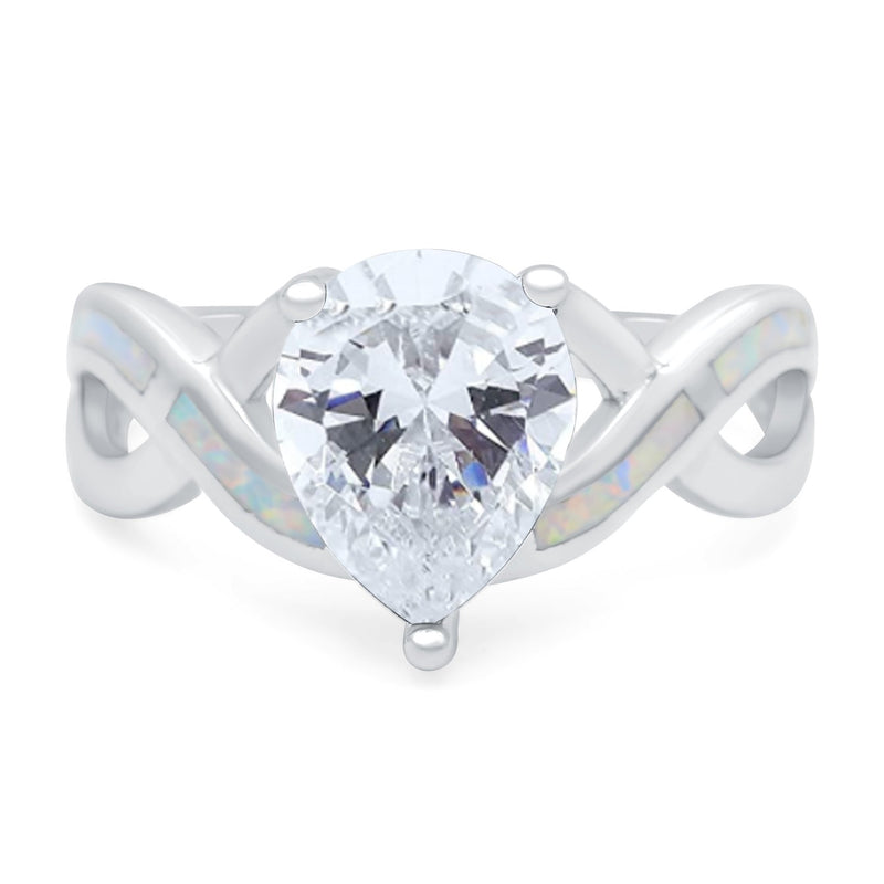 Infinity Twisted Shank Pear Bridal Lab Created White Opal Wedding Ring 925 Sterling Silver