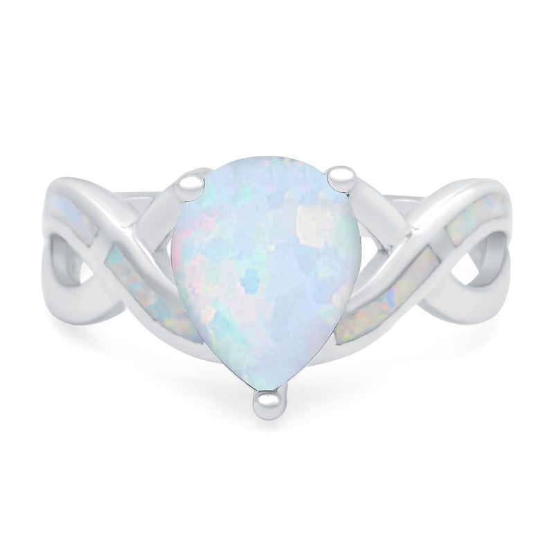 Infinity Twisted Shank Pear Bridal Lab Created White Opal Wedding Ring 925 Sterling Silver