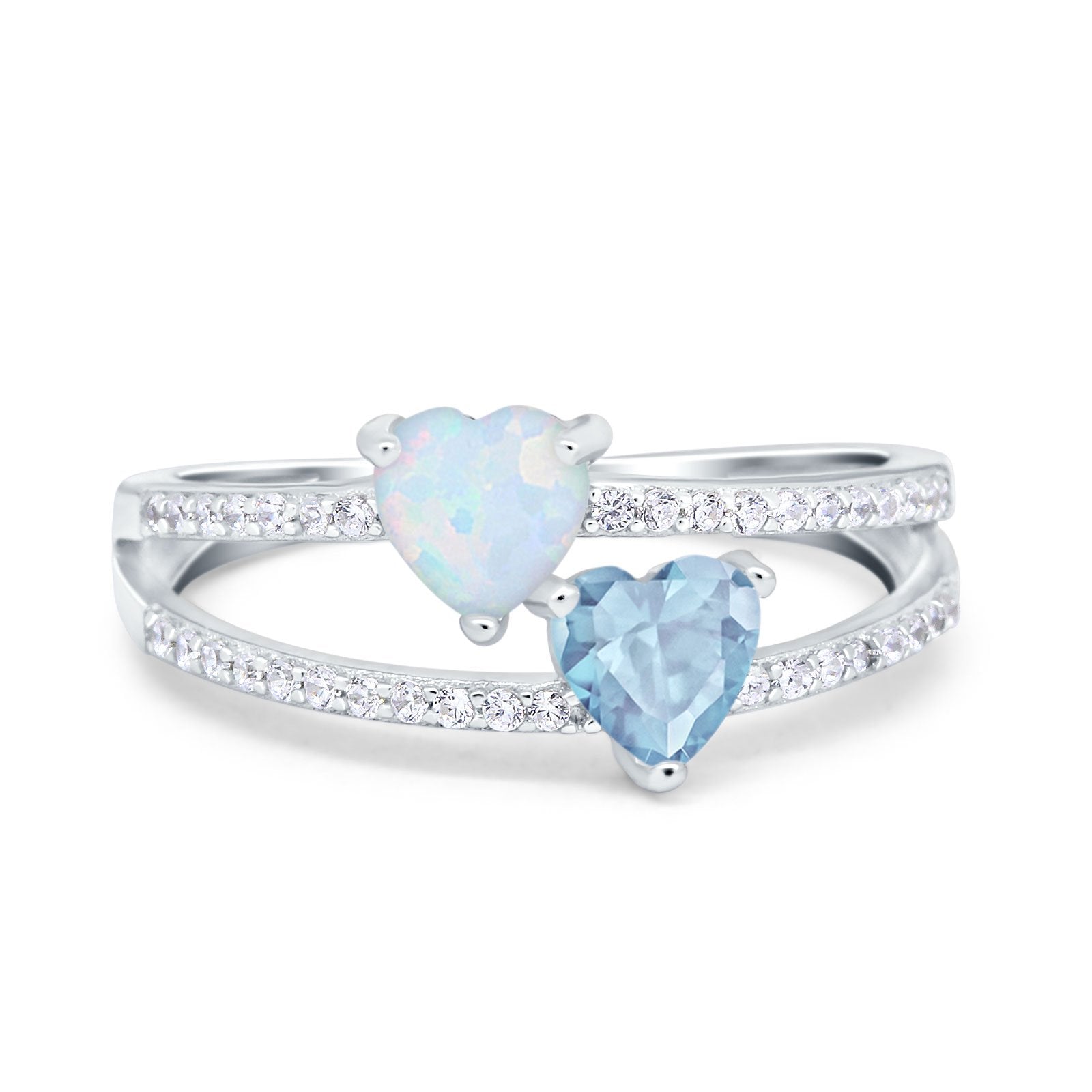 Heart Promise Ring Double Heart Created White Opal Round Simulated Cubic Zirconia 925 Sterling Silver