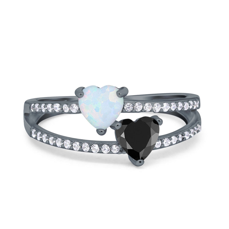 Heart Promise Ring Double Heart Created White Opal Round Simulated Cubic Zirconia 925 Sterling Silver