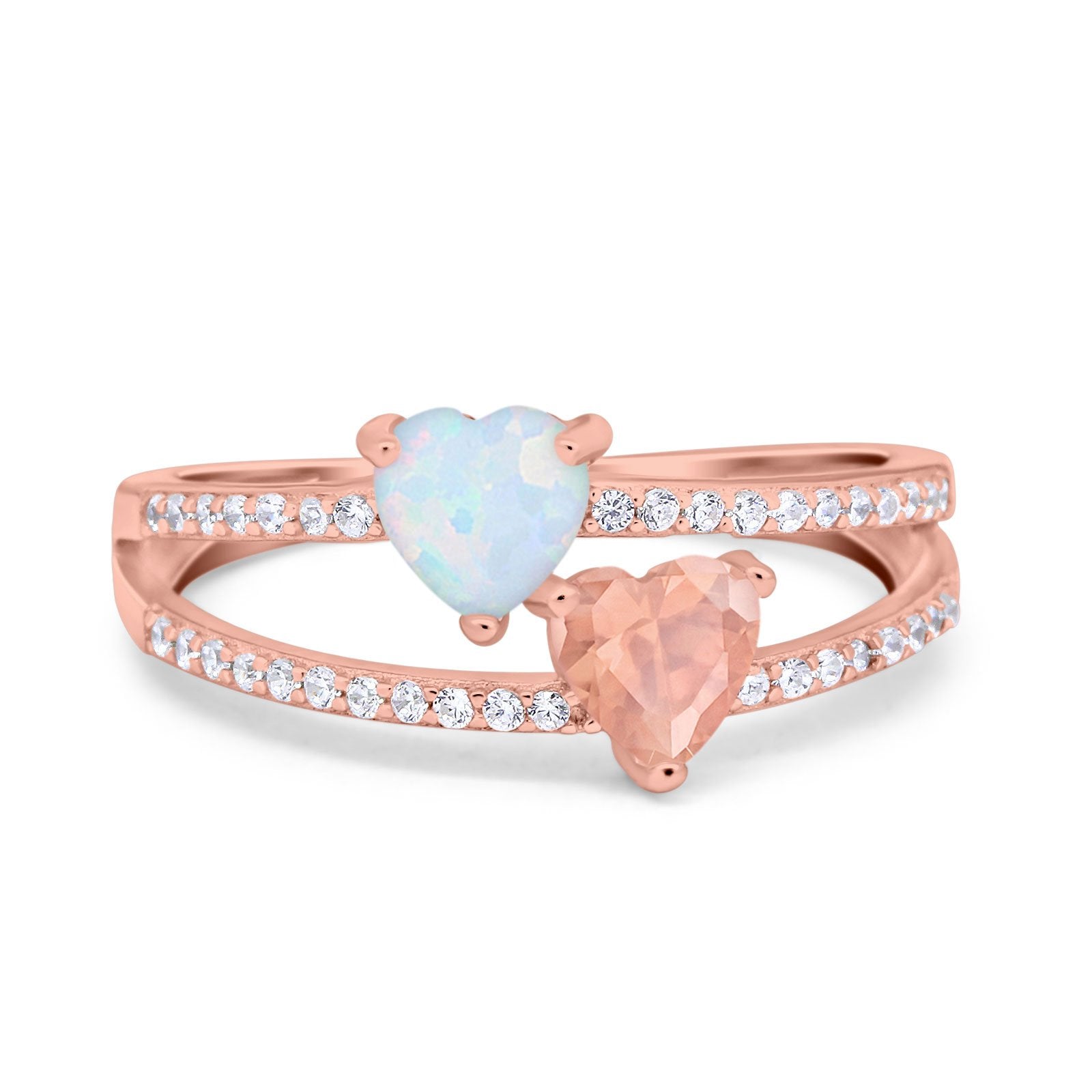 Heart Promise Ring Double Heart Created White Opal Round Simulated Cubic Zirconia 925 Sterling Silver