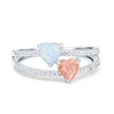 Heart Promise Ring Double Heart Created White Opal Round Simulated Cubic Zirconia 925 Sterling Silver